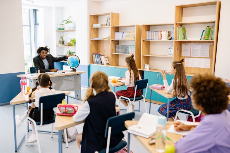 A school classroom with diverse students engaged in learning