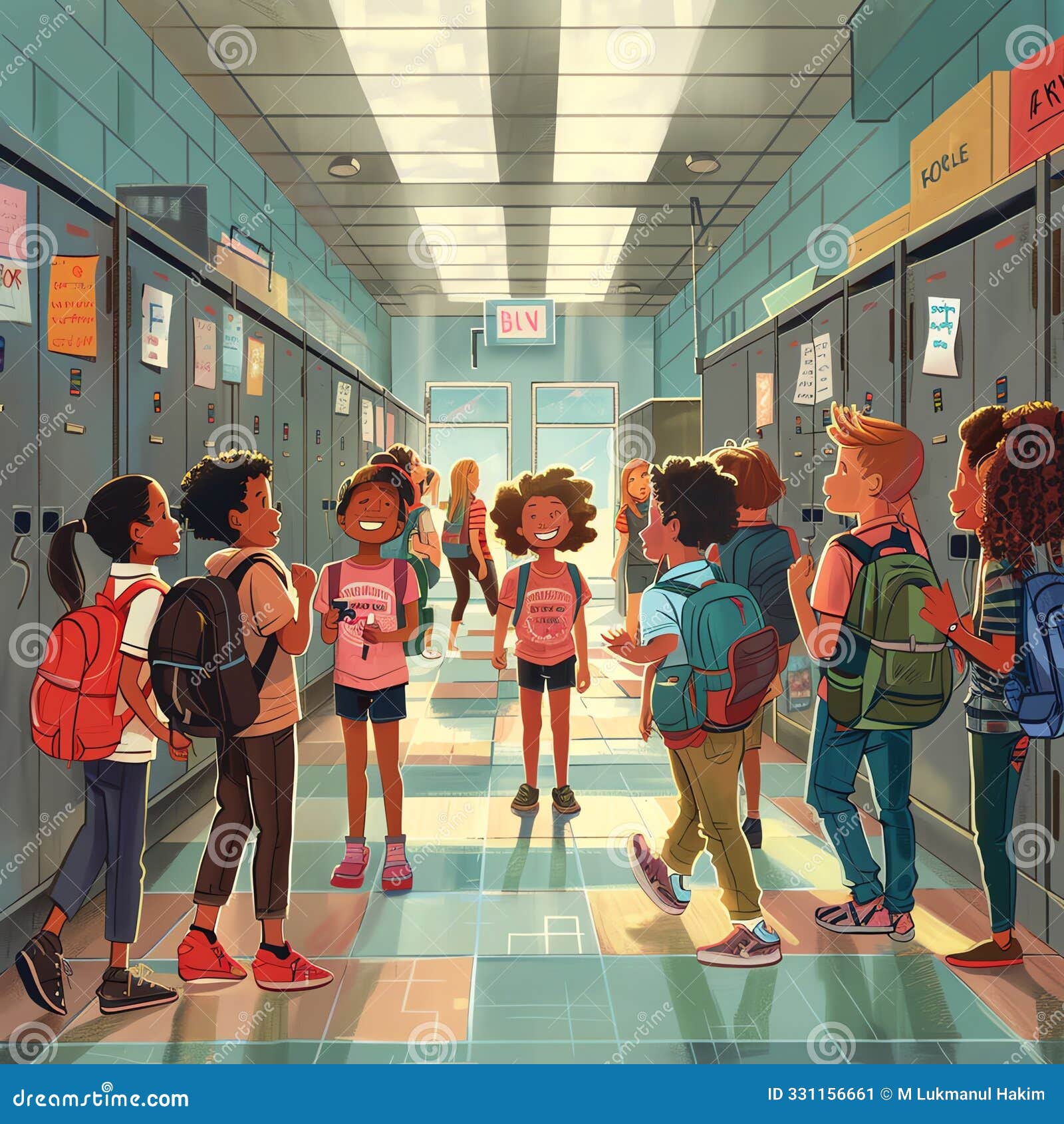 Diverse students walking together down a school corridor
