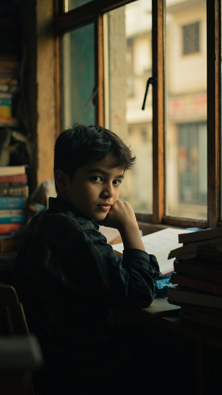 A teenager looking thoughtful while standing by a window